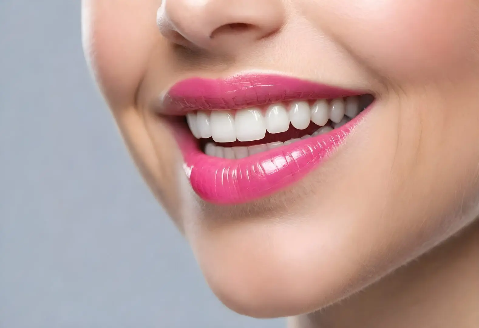 A close up of a woman 's smile with pink lipstick.